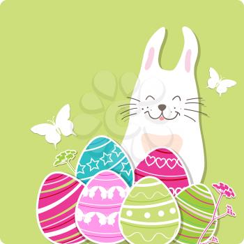 Decorative Easter card with rabbit and eggs on a green background. Vector illustration.
