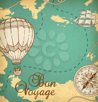 Vintage vector map with sailing vessel and balloon air. 