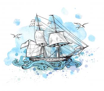 Vintage vector background with sailing vessel and blue watercolor blots.