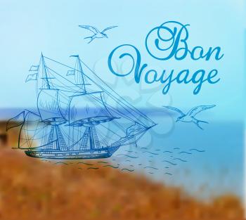 Summer background with hand drawn sailing ship. Vector illustration.