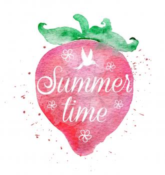 Abstract pink watercolor strawberry with lettering Summer time. Vector illustration.