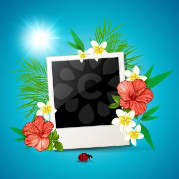 Photo and tropical flowers on a blue background. Vector illustration.