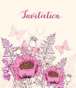 Vector floral background with pink  poppy, wildflowers and butterfly. Hand drawn vector illustration.