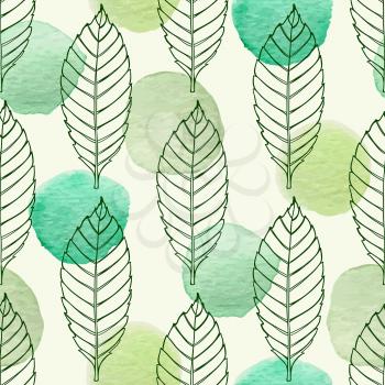 Autumn seamless pattern with falling leaves and green watercolor blots