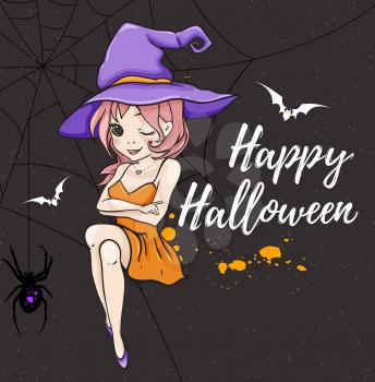 Cute young witch on a black background. Halloween greeting card. Vector illustration. 