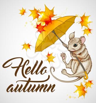 Autumn background with mouse flying under the umbrella. Hello autumn lettering. Hand drawn vector illustration.