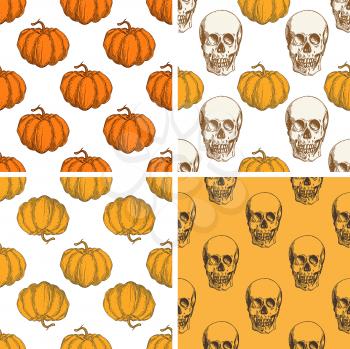 Decorative vector vintage seamless patterns with pumpkin and skull for Halloween
