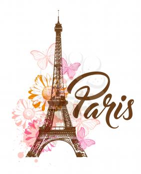 Vector abstract background with Eiffel tower, flowers and butterflies. 
