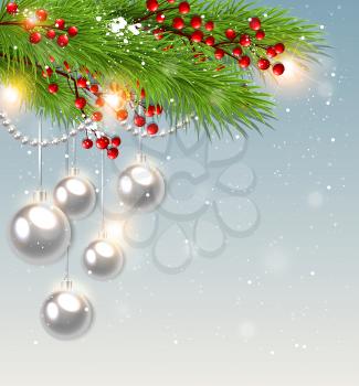 Christmas background with green fir branch and white decorations. Design for Christmas card. Vector illustration.