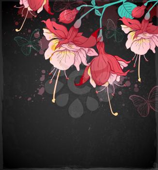 Red tropical flowers and butterflies on a black background