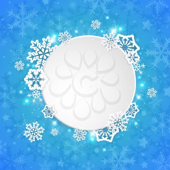 Abstract round Christmas banner with white paper snowflakes on a blue background. Vector illustration.