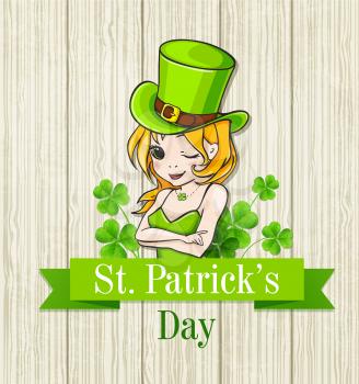 Girl in a green hat on wooden background. Design for St. Patrick's day.