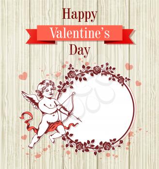 Vintage hand drawn Valentine card with cupid and round frame of roses on a wooden background