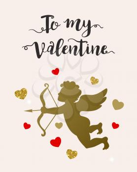 Valentine's day greeting card with lettering, cupid and hearts