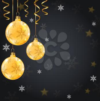Golden shining Christmas decorations on a black background. Design for Christmas card.
