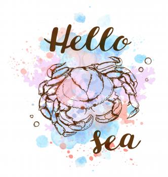 Hand drawn marine summer background with blue watercolor texture and crab