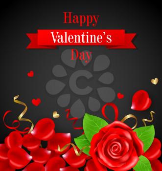 Decorative greeting card for Valentine's day with red rose and petals on a black background.