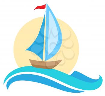 Vector sailing ship icon. Travel concept. Boat and blue wave.