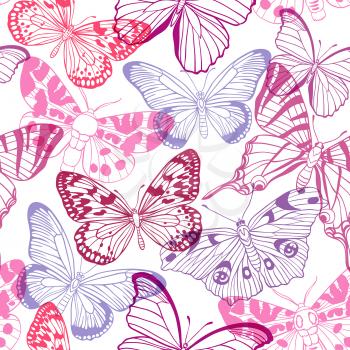 Abstract seamless pattern with pink and violet butterflies on a white background