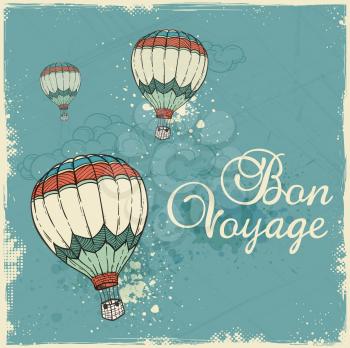Blue vintage travel background with air balloons, clouds and blots. Hand drawn vector illustration. 