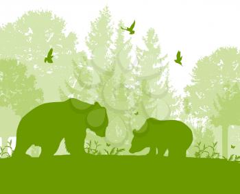 Green nature landscape with two bears, tree and birds. 