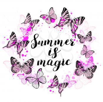 Summer abstract background with pink butterflies and lettering Summer is magic