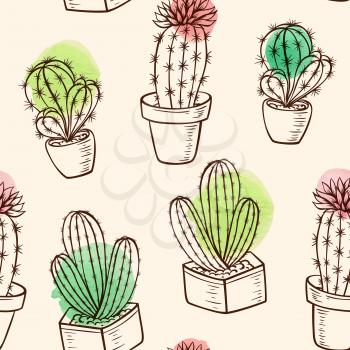 Vintage vector seamless pattern with cactus in flowerpot and watercolor blots