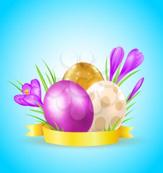 Easter card with eggs and violet crocuses on a blue background