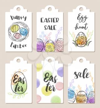 Set of white Easter tags for holiday sale with watercolor textures