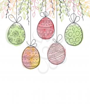 Decorative Easter greeting card with eggs and green leaves. Hand drawn vector illustration.