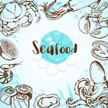 Vintage seafood menu background with octopus, crab, shrimp and sushi