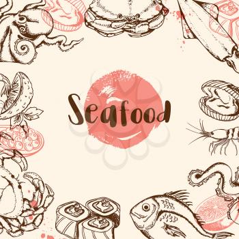 Vintage seafood menu background with octopus, crab, fish and sushi
