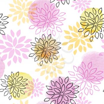 Abstract floral seamless pattern with watercolor blots and flowers on a white background