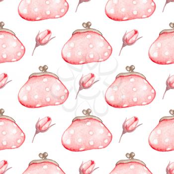 Hand drawn watercolor seamless pattern with pink handbag on a white background