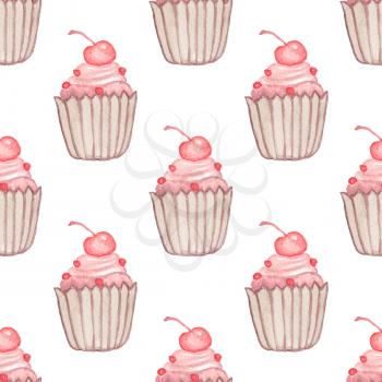 Hand drawn Valentine watercolor seamless pattern with cherry cake