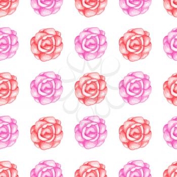 Hand drawn watercolor seamless pattern with red roses on a white background