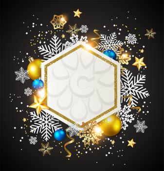 Christmas abstract black background with golden and blue decorations and snowflakes. New year greeting card. Vector illustration.