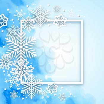 Blue Christmas watercolor background with white frame and snowflakes. New year greeting card. Vector illustration