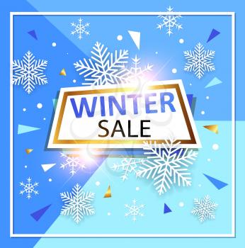 Abstract vector background for seasonal Christmas sale. White snowflakes and banner on a blue background.