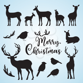 Set of vector deers and birds silhouettes. Winter Christmas design kit