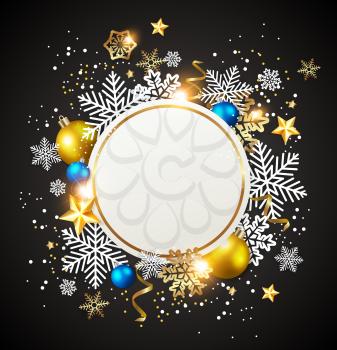 Abstract vector Christmas round banner. White snowflakes and golden decorations on a black background. 