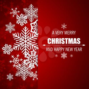 Decorative red vector Christmas background with white paper snowflakes. Merry Christmas lettering.
