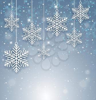 Decorative Christmas background with white paper snowflakes. New year greeting card. Vector illustration.