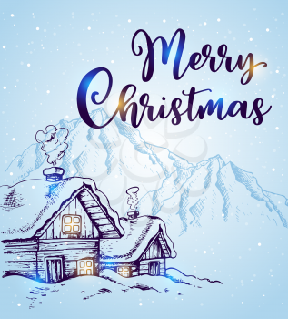 Winter landscape with houses and mountains in the snow on a blue background. Hand drawn Christmas greeting card. Merry Christmas lettering