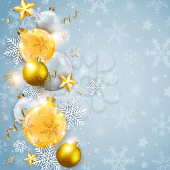 Abstract vector Christmas design. Holiday background with white snowflakes and golden decorations. 