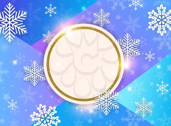 Abstract vector Christmas background with snowflakes and golden frame. Design for New Year seasonal sale