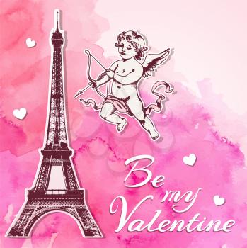 Pink watercolor vintage Valentine background with papercut Eiffel Tower and cupid. Hand drawn vector illustration. 