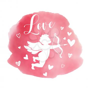 Pink watercolor romantic Valentine background with silhouette of cupid and hearts. Vector illustration. 