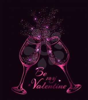 Valentine greeting card with two pink glittering glasses of champagne on a black background. Vector illustration