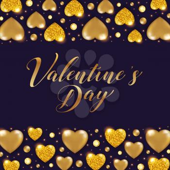Decorative Valentine background with shining golden glittering hearts and gemstones. Vector illustration. 